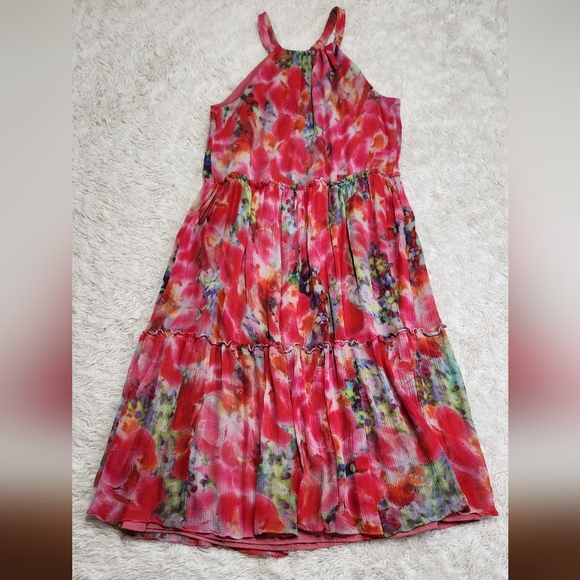 SUNDANCE Watercolor Floral Halter Tiered 100% Silk Midi Dress Sz Large - Picture 3 of 9
